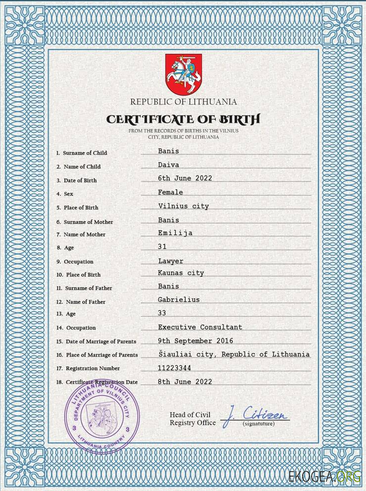 Modèle PSD de certificat de naissance d'état civil de Lituanie